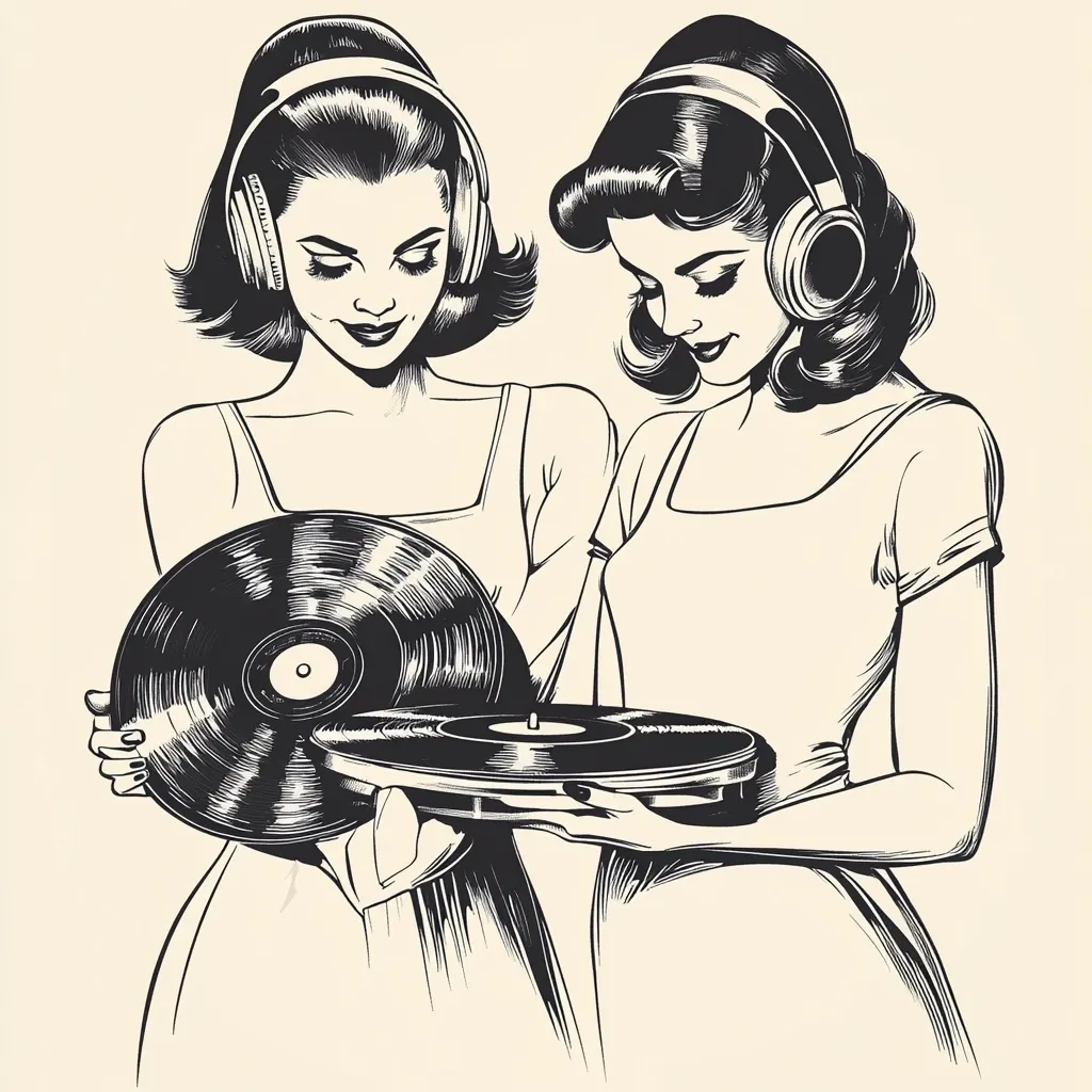 A black and white illustration showcases two women, styled in a retro fashion with headphones, delicately handling vinyl records and a turntable.  Their poised expressions and elegant attire create a vintage aesthetic. The image suggests a scene of calm concentration, perhaps focusing on music appreciation or DJing. The detailed linework emphasizes the women's features and the texture of the vinyl.
