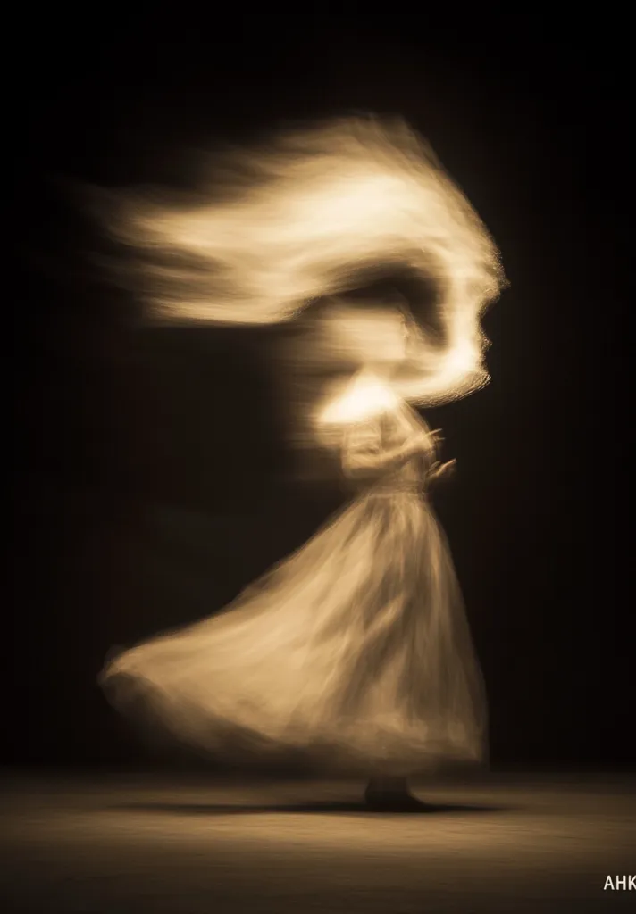 A long exposure photograph captures a whirling dancer in a flowing gown.  The motion blur creates a ethereal, almost ghostly effect, emphasizing the fluidity of the movement.  The dancer's form is indistinct, but the dress's voluminous skirt and the suggestion of swirling hair are clearly visible against the dark background.  The image evokes a sense of grace and energy.