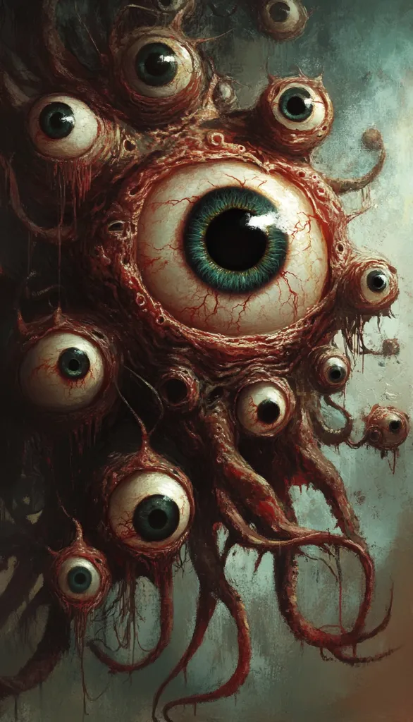 A grotesque, fleshy creature dominates the image, its body a mass of pulsating red tissue and numerous eyes of varying sizes.  The central eye is large and teal, contrasting with the surrounding crimson.  Tendrils extend from the main body, creating a disturbingly organic and unsettling composition.  The overall style is dark fantasy, bordering on horror.