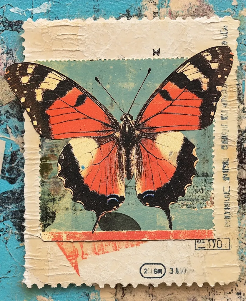 A postage stamp-like artwork features a vibrant red and black butterfly, its wings spread wide against a muted teal background.  The image has a vintage, distressed texture, with visible wear and tear around the edges, giving it a collage-like quality.  A small, seemingly unrelated stamp is visible in the lower right corner, adding to the piece's mixed-media aesthetic.  The butterfly is the central focus, rendered with detail and color.