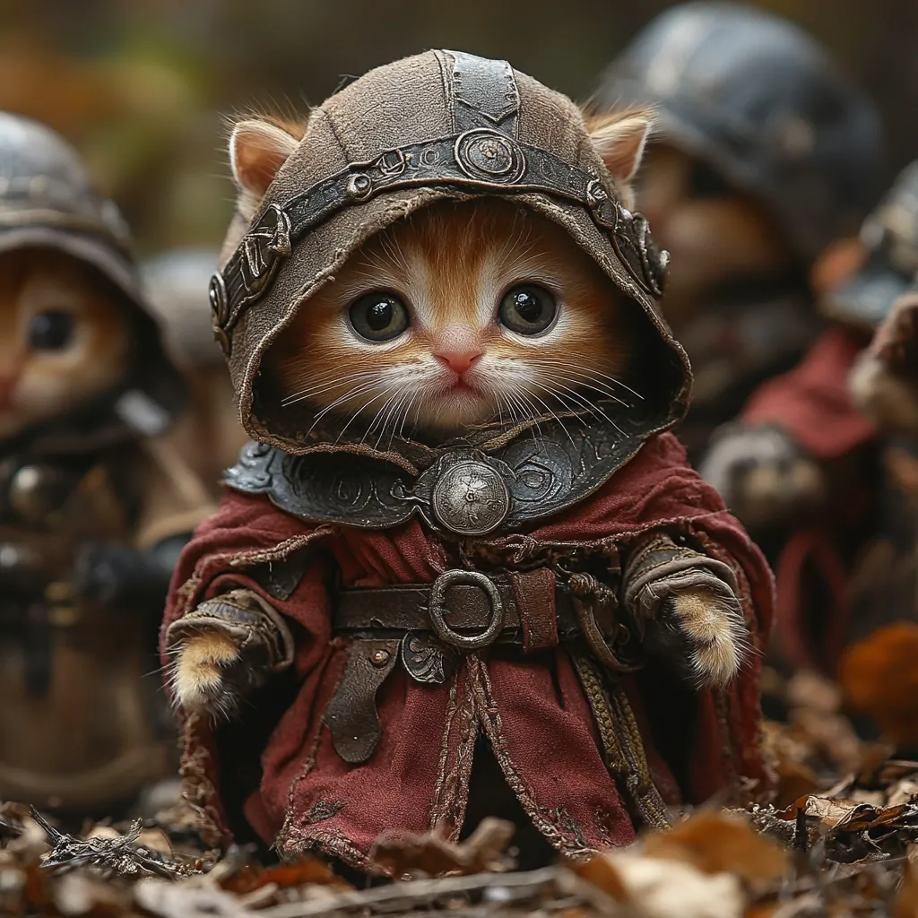 An adorable ginger kitten is dressed in a meticulously crafted miniature suit of medieval armor.  The tiny helmet and red robe are adorned with intricate metal details.  The kitten's large, expressive eyes gaze directly at the camera, creating a captivating image.  Other similarly outfitted kittens are blurred in the background, suggesting a small army of feline warriors.  The autumnal setting adds to the magical quality of the scene.