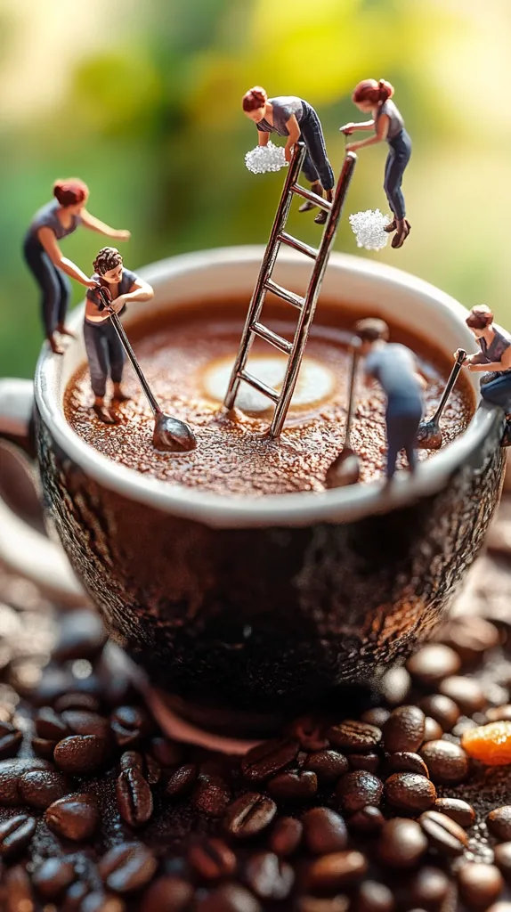 Miniature figures are working inside a large cup of coffee.  Two figures use small shovels, one climbs a ladder, and another appears to be sprinkling something.  The coffee has latte art, and the cup rests on a bed of roasted coffee beans. The scene is whimsical and uses a strong depth of field.