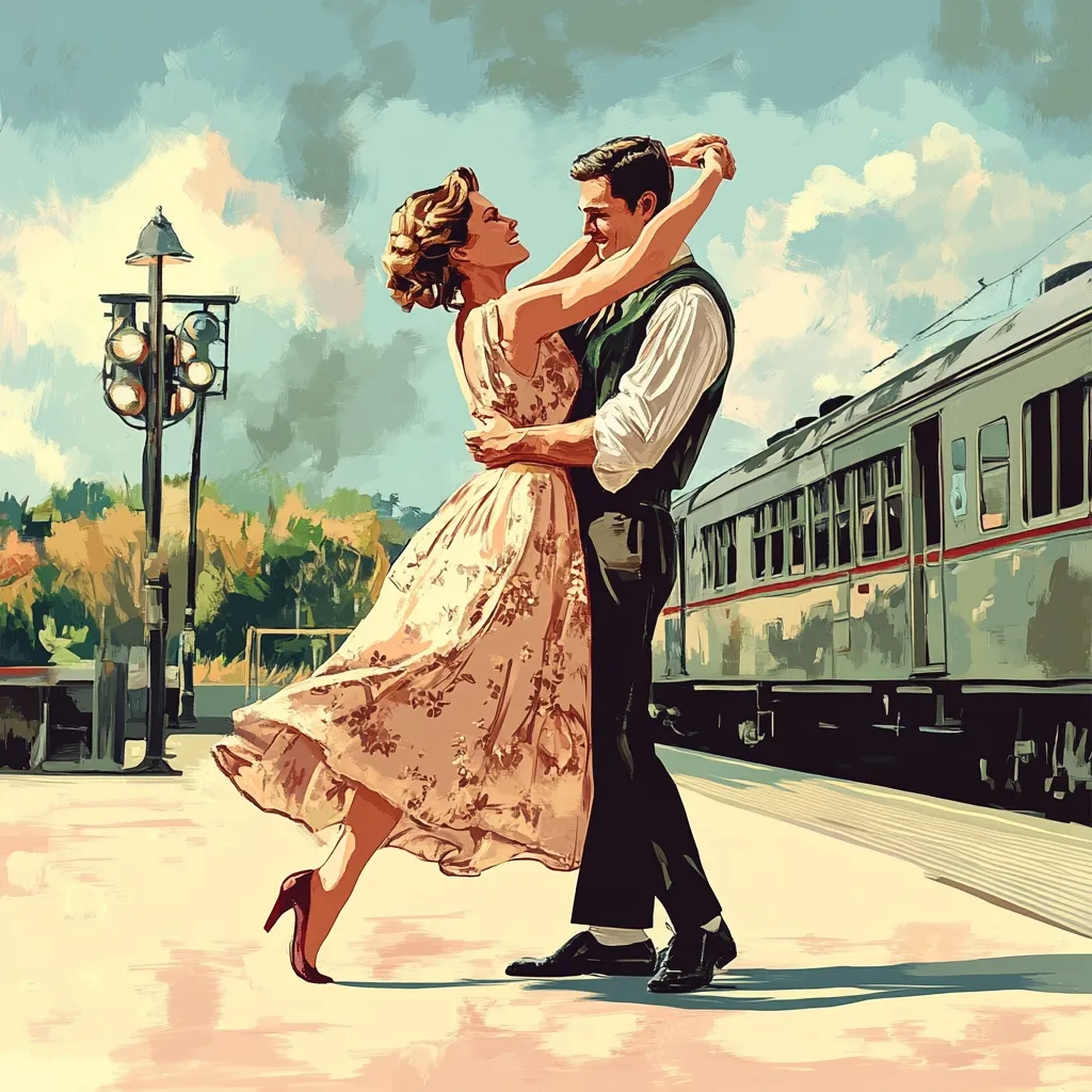 A romantic couple embraces on a train platform, their joyful dance captured in a vintage-style painting.  The woman wears a floral dress, her legs playfully aloft as her partner holds her close. A long, grey passenger train stands in the background, adding to the nostalgic atmosphere. The scene evokes a sense of longing and departing lovers.  A vintage lamppost completes the setting.