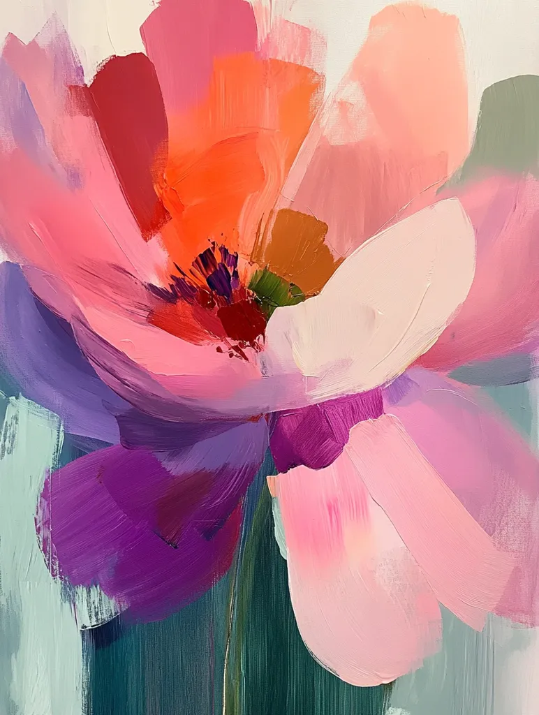 A vibrant abstract floral painting dominates the canvas.  Bold strokes of pink, orange, purple, and teal create a dynamic, expressive flower.  The artist uses thick paint application to build texture and depth, emphasizing the flower's form and energy. The colors blend and contrast, creating a lively and visually arresting piece.  The background subtly supports the focal flower, drawing attention to its captivating hues.