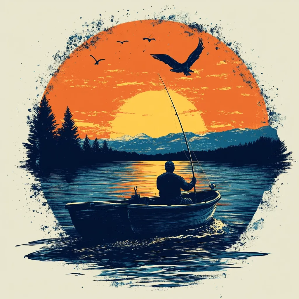 A solitary fisherman sits in a small boat on a serene lake at sunset.  The vibrant orange and yellow sunset dominates the background, framed by a circle of dark silhouettes of trees and mountains.  Birds fly overhead, adding to the peaceful, idyllic scene. The artwork is stylized with a textured, almost grunge-like effect.