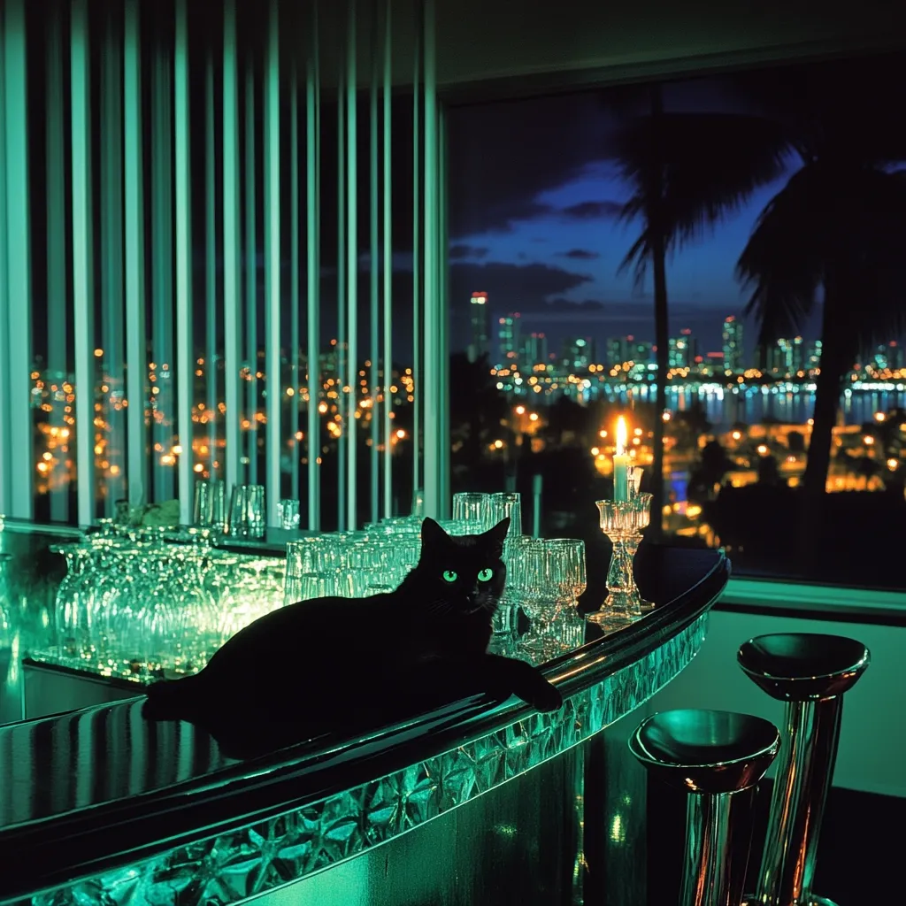 A sleek black cat rests on a dimly lit, emerald green bar top.  Empty glasses are scattered around it.  Beyond a large window, a glittering cityscape at night is visible, punctuated by palm trees and a calm body of water. A single candle burns in a candlestick holder adding a touch of warmth to the scene.  The overall mood is sophisticated and mysterious.