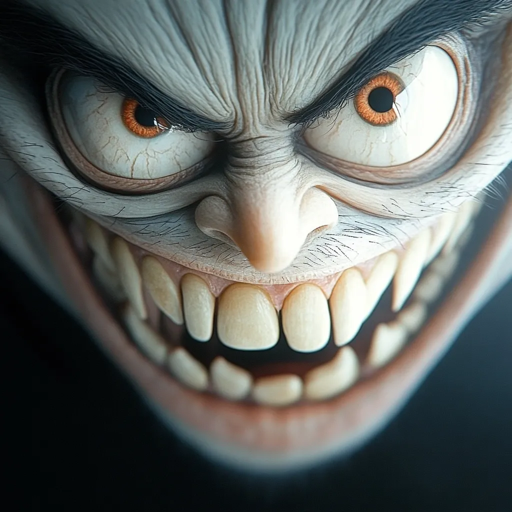 A close-up reveals a digitally rendered face, characterized by exaggerated features.  Wide, orange eyes with dark, sharp brows convey a menacing expression.  A large, sharp-toothed grin dominates the lower half, further emphasizing the sinister and cartoonish nature of the character. The pale skin and fine, dark hairs add to the unsettling yet captivating visual.