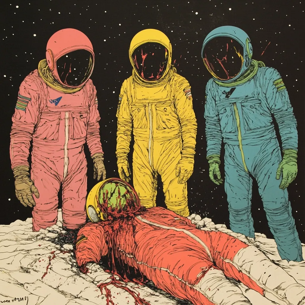 Three astronauts in pink, yellow, and teal spacesuits stand over a fourth, dead astronaut lying on a desolate, moon-like landscape.  The deceased astronaut is splayed out, their helmet crushed, with blood profusely covering them and the surrounding ground.  The scene is rendered in a graphic, comic-book style against a black starry backdrop.  The image evokes a sense of violence and mystery in a space setting.