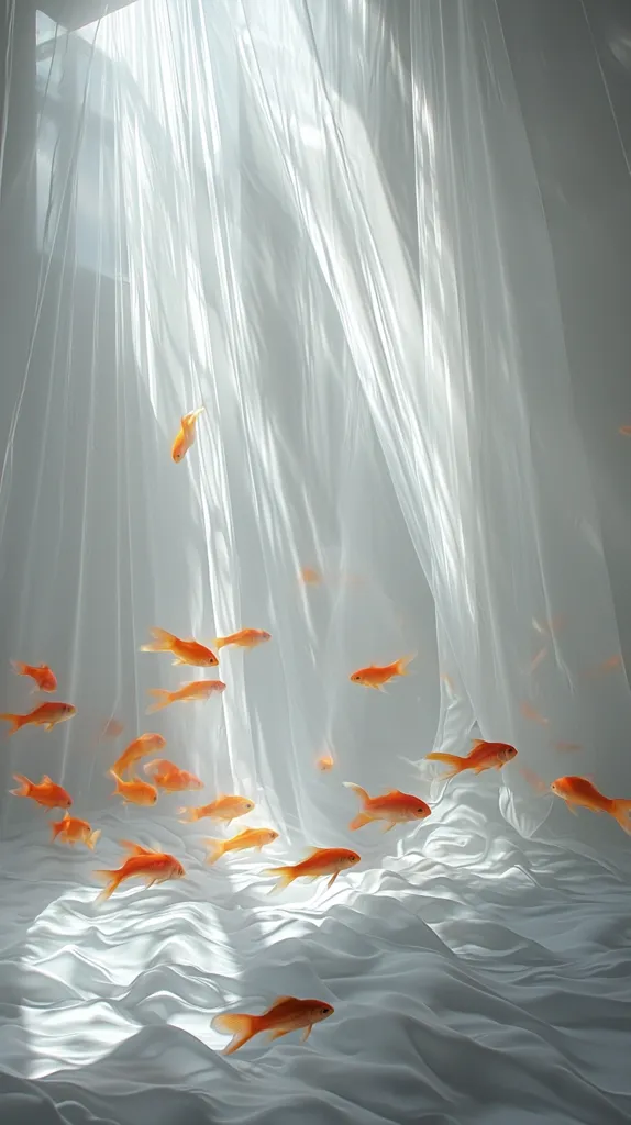 A serene image depicts numerous goldfish swimming gracefully within a sheer, white fabric enclosure. Sunlight streams through the translucent material, illuminating the fish and creating a dreamlike atmosphere. The fabric drapes softly, mimicking underwater waves, enhancing the ethereal quality of the scene. The composition is minimalist and peaceful, emphasizing the gentle movement of both the fish and the fabric.