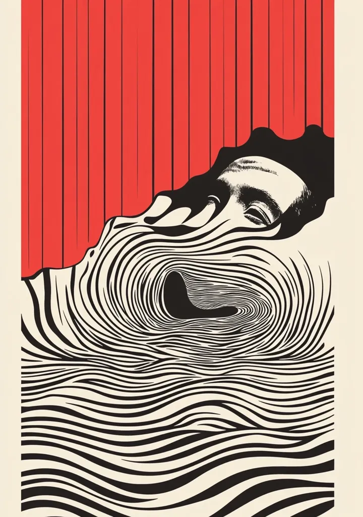 A stylized artwork features a face partially submerged in a swirling, black and white wave pattern.  The face is rendered in black and white, with the eyes closed, suggesting a state of repose or submersion. The background is a bold red, creating a striking contrast with the monochromatic foreground. The overall effect is one of surrealism and visual depth, drawing the viewer's eye into the hypnotic waves.