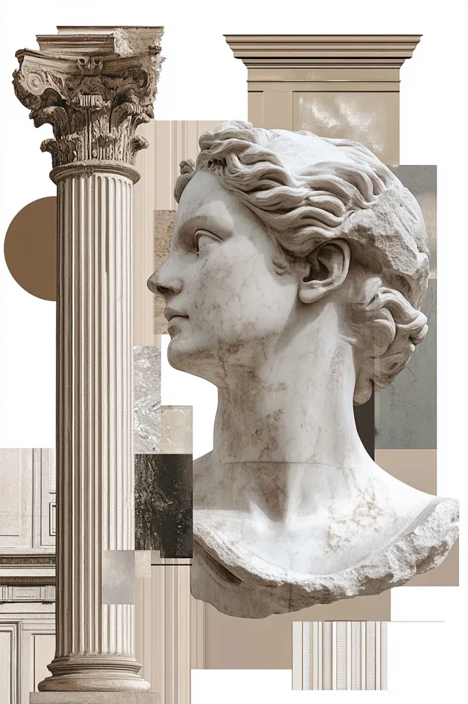 A digital collage features a classical bust of a woman, rendered in shades of beige and white, positioned next to a fragment of a fluted column.  Architectural elements, including moldings and wall paneling, are incorporated into the background, creating a sophisticated and aesthetically pleasing composition with a focus on classical art and architecture. The overall color palette is muted and elegant.