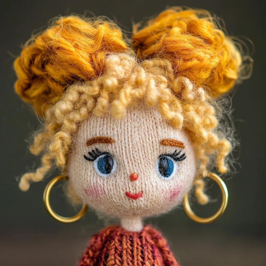 A close-up of a handmade knitted doll.  The doll has blonde, curly hair styled in two buns, large blue eyes, rosy cheeks, and wears gold hoop earrings.  She is dressed in a rust-colored knitted sweater. The texture of the yarn is clearly visible, giving the doll a soft, whimsical appearance.