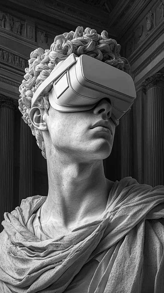 A monochrome image depicts a classical marble bust, seemingly male, wearing a VR headset.  The bust's detailed hair and draped clothing contrast sharply with the futuristic technology. The background suggests a grand, classical interior, creating a juxtaposition between ancient art and modern virtual reality. The overall effect is one of thoughtful contemplation on the intersection of past and future.