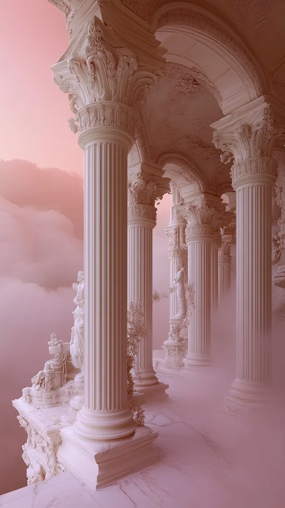 A dreamy, rose-tinted image depicts a classical colonnade.  Ornate white columns, detailed with intricate carvings, extend into a hazy, ethereal atmosphere.  Statues adorn the structure, partially obscured by a soft mist that hangs in the air, creating a serene and otherworldly ambiance. The scene evokes a sense of timeless beauty and tranquility.