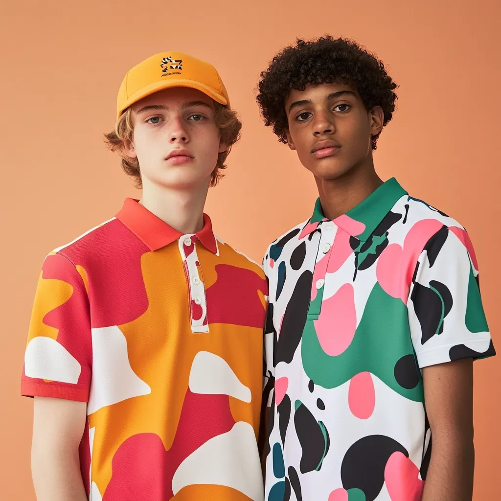 Two young men model vibrant, abstractly patterned polo shirts.  One wears an orange and red design with a yellow baseball cap, while the other sports a green, pink, and black pattern.  Both shirts feature a bold, modern camouflage-like print. The models have contrasting hairstyles; one has short curly hair, the other longer, lighter hair.  The background is a solid, muted orange.