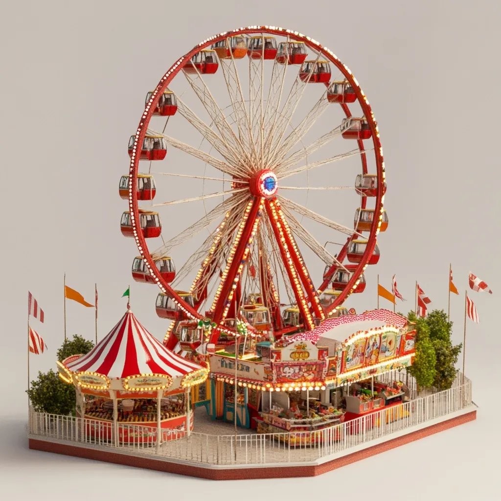 A meticulously detailed miniature amusement park is showcased, featuring a vibrant red Ferris wheel as its centerpiece.  Surrounding the Ferris wheel are miniature carousel and food stalls, all brightly colored and illuminated. Small flags and trees add to the charming, whimsical scene, creating a complete and captivating model of a festive fairground.