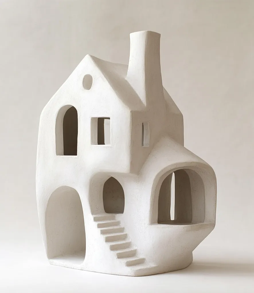 A minimalist, off-white ceramic sculpture resembling a house.  Its abstract form features curved walls, arched doorways, a chimney, and a small staircase.  Openings suggest windows and interior spaces, creating a sense of depth and intrigue. The smooth, matte finish emphasizes its sculptural quality.  The piece is a modern interpretation of architectural forms.