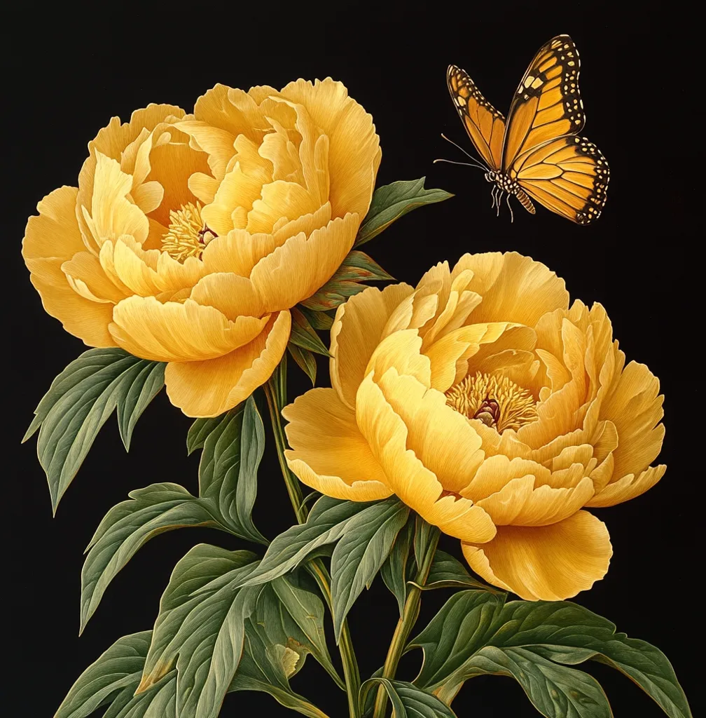 Two vibrant yellow peonies, exquisitely detailed, dominate the image against a stark black backdrop.  Their full, lush blossoms are in sharp focus, showcasing the delicate texture of the petals.  A monarch butterfly, wings outstretched, adds a touch of lively movement near the upper right corner, creating a striking contrast against the floral richness.  The artwork exudes a sense of elegance and meticulous craftsmanship.