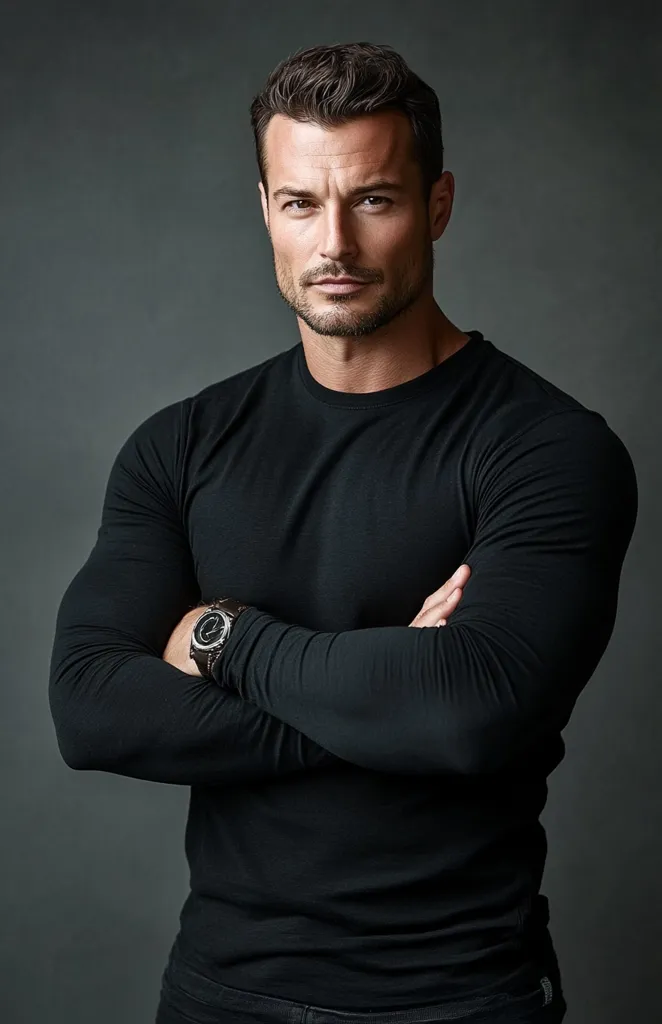 A man with short, dark brown hair and a well-groomed beard is shown in a studio portrait. He's wearing a black long-sleeved shirt, his arms crossed over his chest.  He looks directly at the camera with a serious expression.  A wristwatch is visible on his left wrist. The background is a dark gray.  The overall image conveys a sense of strength and confidence.