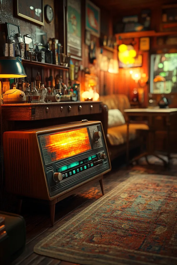 A vintage radio sits on a wooden floor in a dimly lit room.  The room is filled with antique furniture and decorations, creating a nostalgic atmosphere.  Warm lighting emanates from lamps and the radio's illuminated dial.  The scene evokes a feeling of quiet comfort and a bygone era. A patterned rug is partially visible in the foreground.