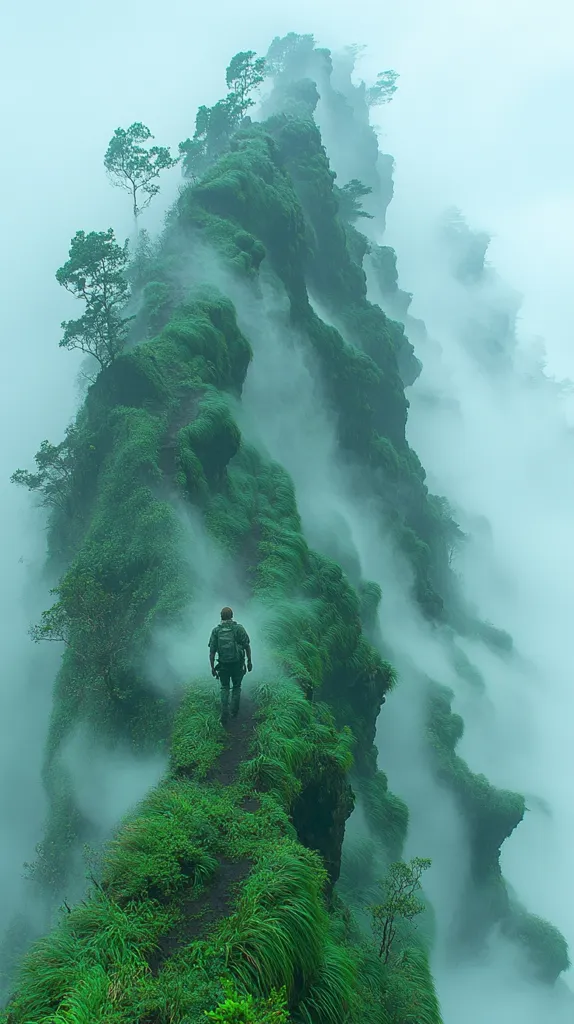 A lone hiker walks a narrow, grassy path along a dramatic, mist-shrouded mountain ridge.  Lush green vegetation clings to the steep cliffs, which drop away sharply on either side.  The fog swirls around the peaks, creating a mystical and serene atmosphere.  The scene evokes a sense of solitude and adventure in a breathtaking natural landscape.