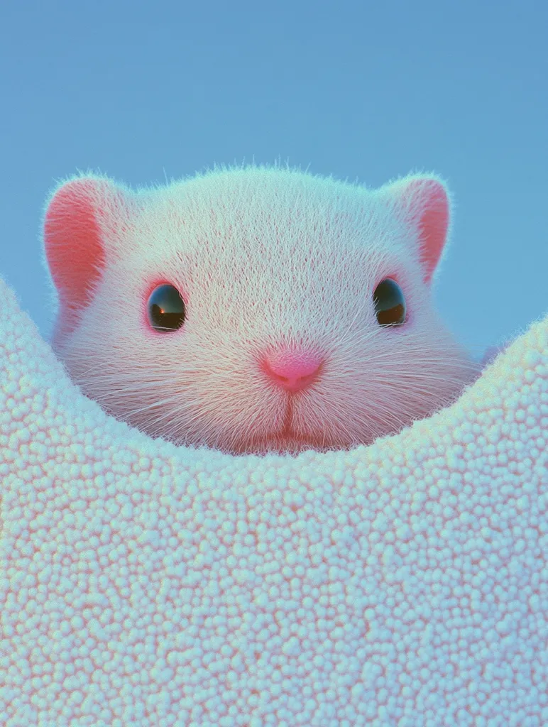 A fluffy white hamster with pink ears and nose peeks from a nest of tiny white beads.  Its dark eyes are visible, and its soft fur is prominent against the pastel blue background. The overall image evokes feelings of warmth and cuteness. The hamster appears calm and nestled securely in its surroundings.
