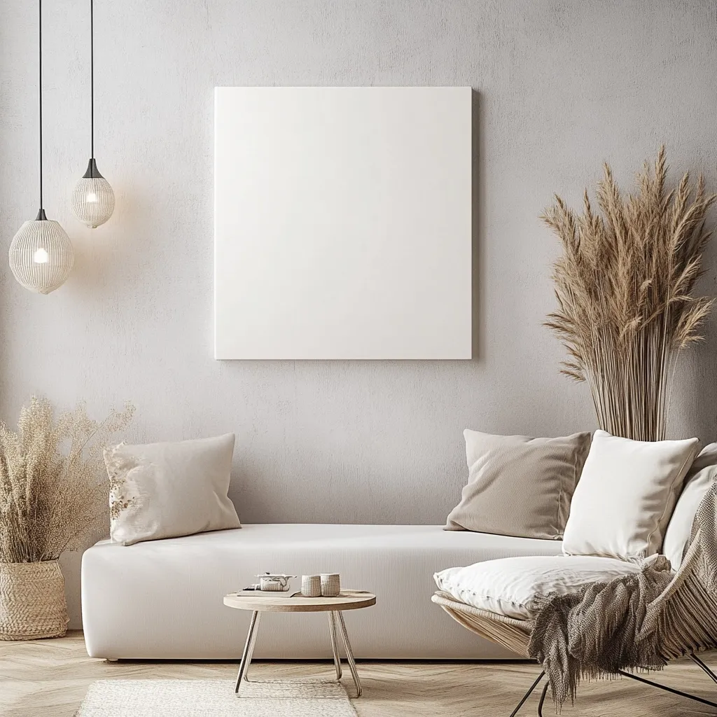 A minimalist living room features a light beige couch with neutral pillows, a metal and wood coffee table, and a large blank canvas on the wall. Dried pampas grass adds texture, and three woven pendant lights hang above. A woven chair with a throw blanket completes the serene, neutral-toned space.  The overall style is calm and inviting.