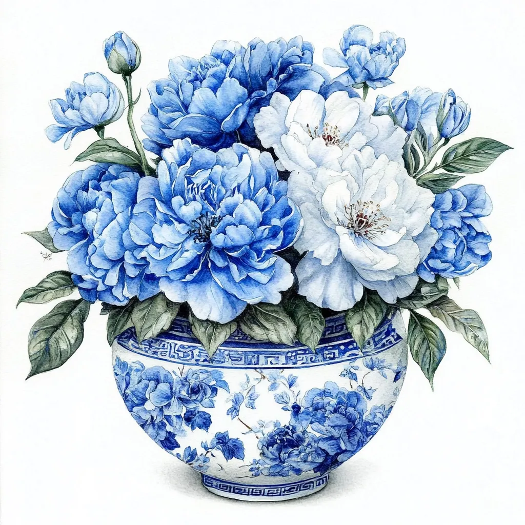 A watercolor painting showcases a vibrant bouquet of blue and white peonies arranged in a delicate blue and white porcelain vase. The peonies, in full bloom, are depicted with meticulous detail, their soft petals and lush greenery contrasting beautifully against the vase's intricate design. The artistic style is reminiscent of traditional Chinese porcelain painting, creating a serene and elegant composition.