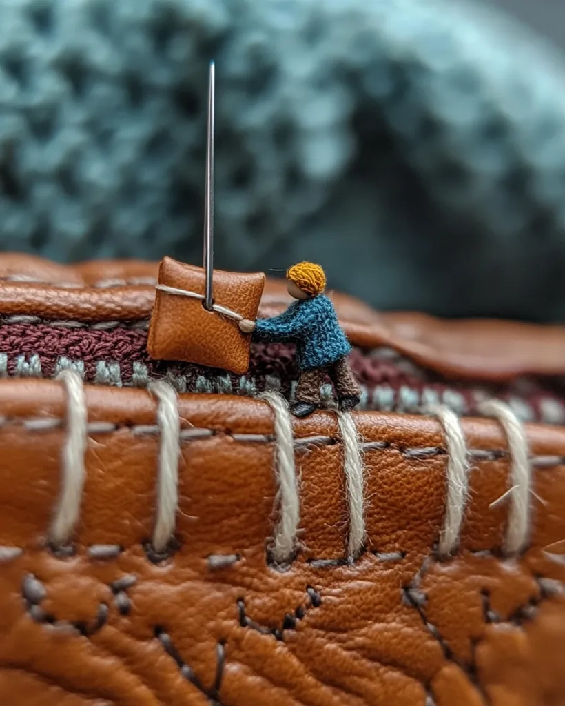 A miniature person, crafted from yarn, is meticulously sewing a tiny leather patch onto a larger leather surface.  The scene is detailed, showcasing the artisan's skill in creating both the miniature figure and the intricate stitching.  A needle is prominently featured, emphasizing the act of sewing. The background is blurred, focusing attention on the meticulous craftsmanship.