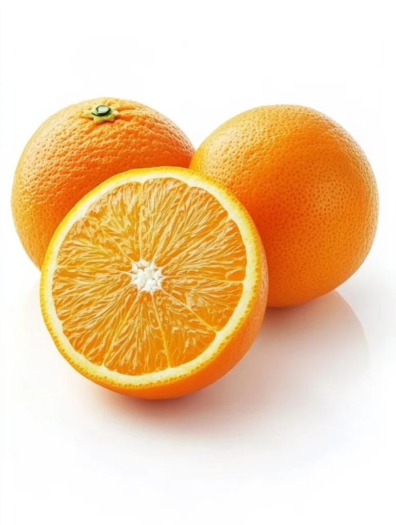 Two whole oranges and a half-orange slice are arranged on a white background.  The oranges are bright orange, juicy-looking, and appear ripe. The segmented interior of the sliced orange is clearly visible, showcasing its vibrant color and texture. The overall image is clean, bright, and emphasizes the freshness of the fruit.