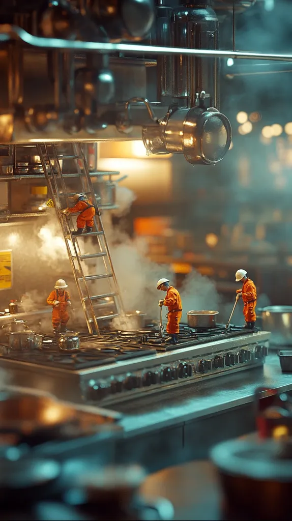 A miniature scene depicts a bustling industrial kitchen.  Tiny figures in orange protective suits work amidst steam and gleaming stainless steel. One figure climbs a ladder, while others stir large pots on a commercial stovetop. The overall atmosphere is one of intense activity and industrial scale, captured with dramatic lighting and atmospheric effects. The image showcases a creative blend of photography and miniature modeling.