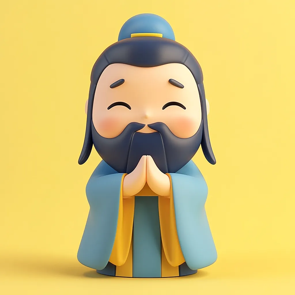 A charming 3D rendering depicts a stylized figure resembling a Chinese sage.  He's depicted with a cheerful expression, hands clasped in a respectful gesture, and wears traditional blue robes with yellow accents.  The character's design is simplified and cute, with exaggerated features and a friendly demeanor, making him visually appealing. The yellow background complements the figure’s colors.
