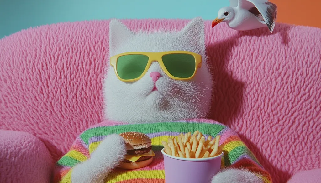 A fluffy white cat wearing yellow sunglasses and a rainbow sweater lounges in a pink armchair.  It holds a cheeseburger in one paw and a cup of french fries in the other. A seagull perches on the back of the chair, adding to the whimsical scene. The overall aesthetic is playful and vibrant.
