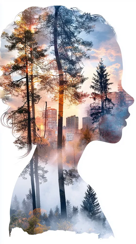 A double exposure image depicts a woman's profile superimposed over a landscape. Tall pine trees and a cityscape are visible within the silhouette of her head and body.  The scene blends a serene forest with the urban environment, creating a dreamy, ethereal effect.  Soft light and fog enhance the mystical quality of the artwork.