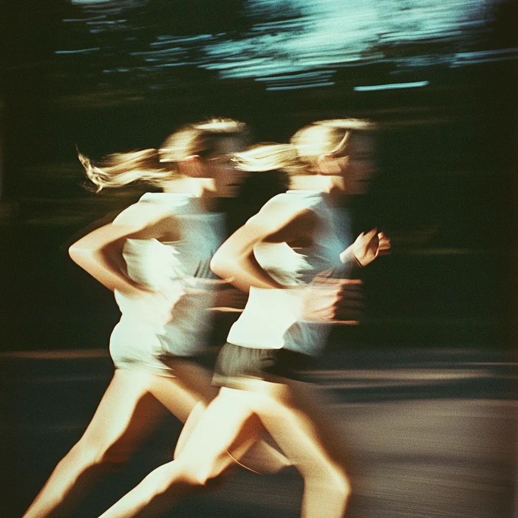 A motion-blurred image captures two women jogging side-by-side at dusk.  They wear light-colored tank tops and shorts.  The background is dark, suggesting a park or outdoor setting. The image's focus is on the runners' movement and energy, creating a dynamic and artistic feel.  The blurred effect emphasizes their speed and the fluidity of their stride.