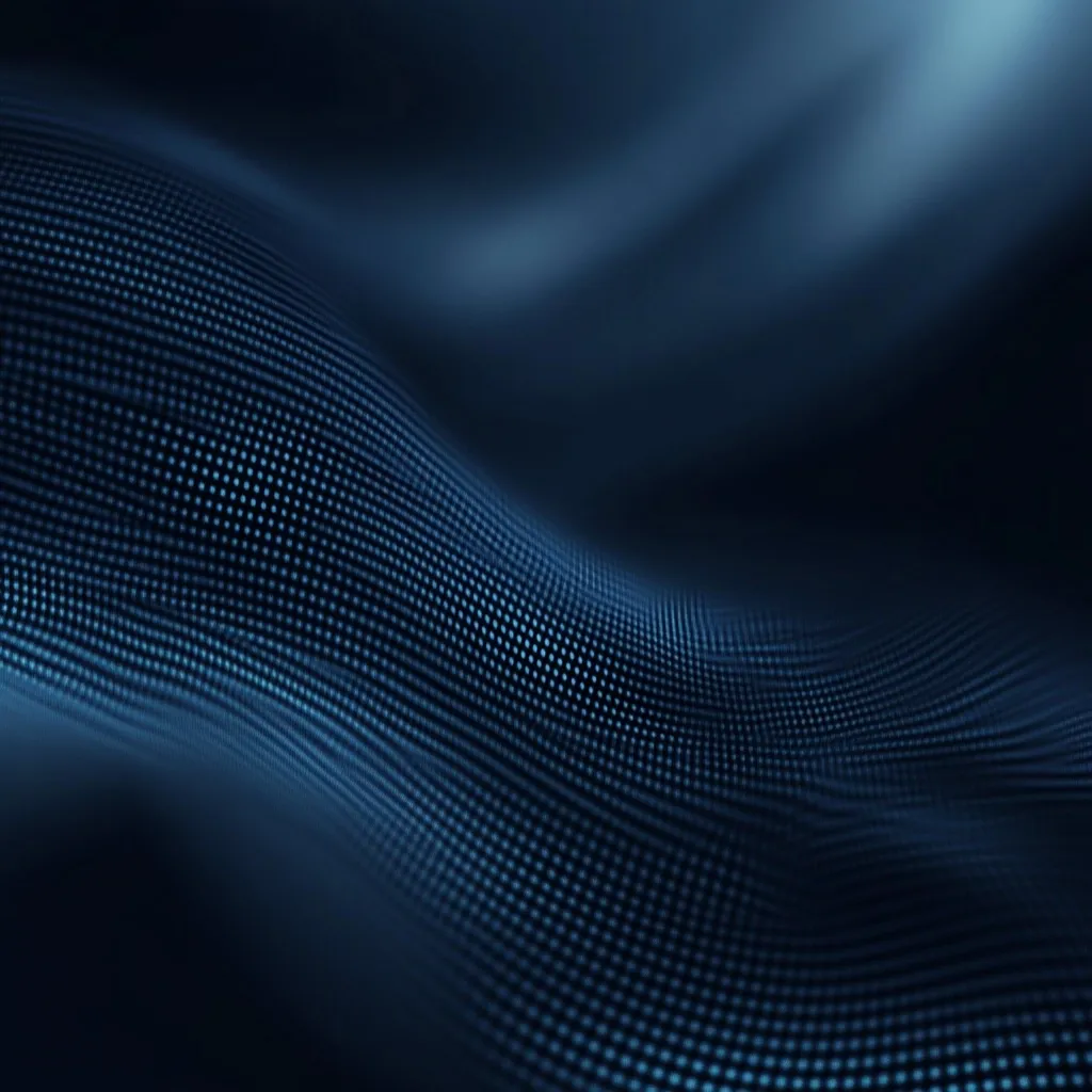 An abstract image depicting a dark blue, undulating surface composed of countless tiny dots.  The texture resembles a flowing fabric or a digital wave, creating a sense of depth and movement. The dark tones and subtle light variations add to the image's mysterious and technological aesthetic. The overall effect is one of smooth, dynamic fluidity.