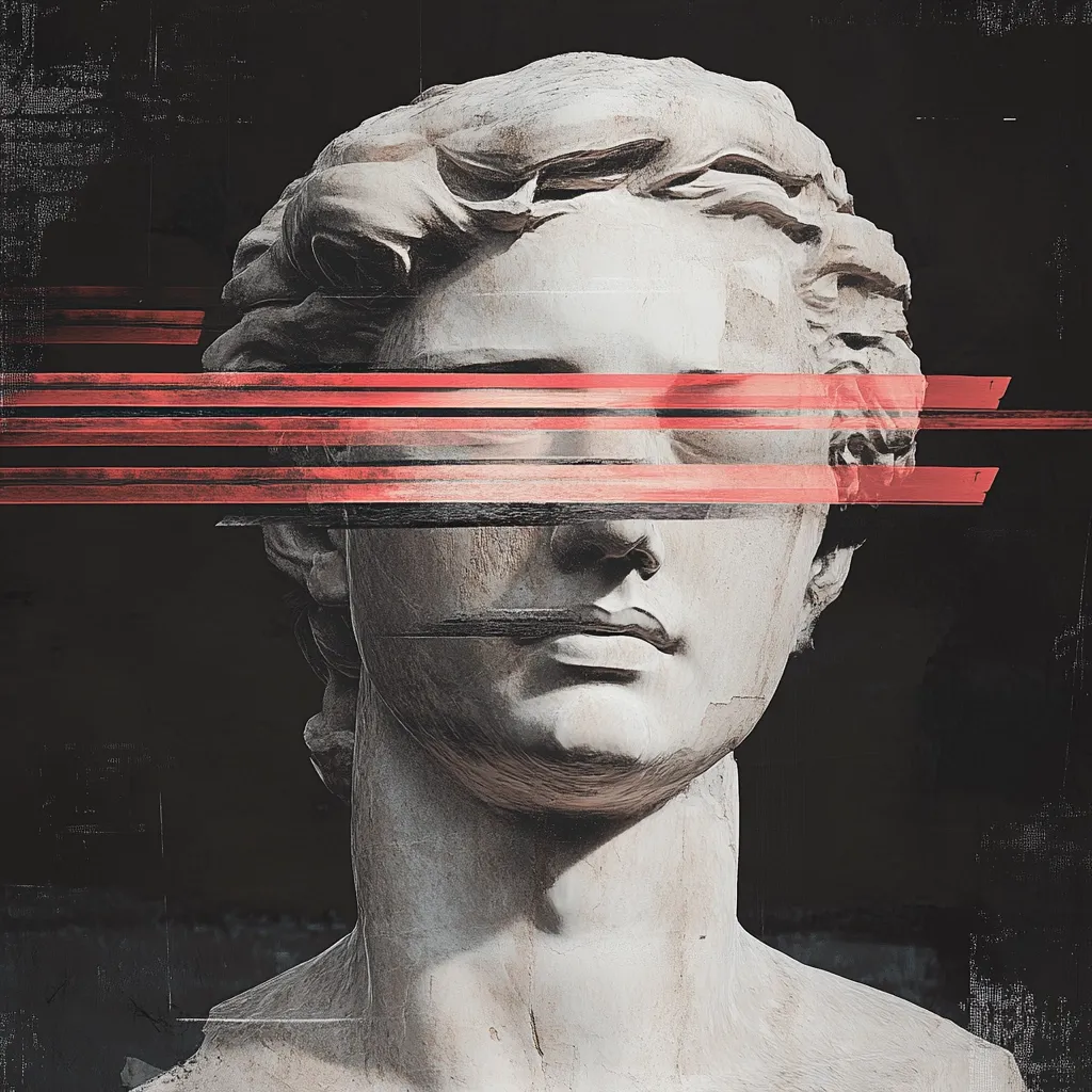 A digital art piece features a classical bust, seemingly marble, with a serene expression.  Bold, horizontal, red streaks obscure the eyes, creating a juxtaposition of ancient serenity and modern digital disruption. The dark background enhances the contrast, giving the image a somewhat melancholic and mysterious feel. The style blends classical sculpture with contemporary digital art techniques.