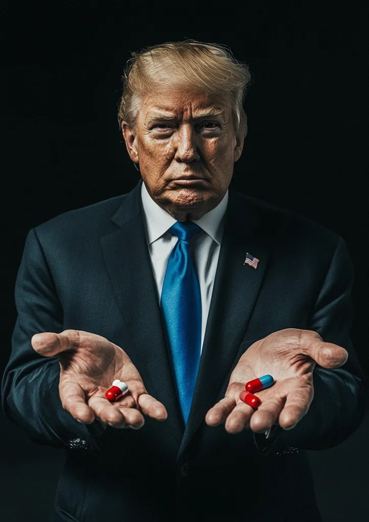 A portrait of Donald Trump in a dark suit and blue tie, his hands outstretched, presenting two sets of pills.  One hand holds a couple of white pills, the other displays two red and blue capsules. The image is stark, with a dark background emphasizing the contrast between Trump's serious expression and the contrasting pills.  The visual suggests a choice or a weighing of options.