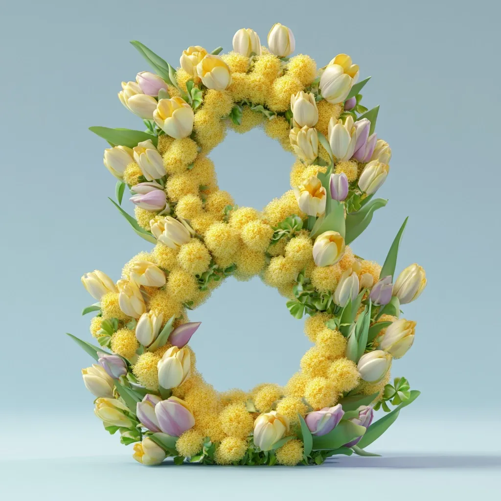 A vibrant floral arrangement in the shape of the number eight.  Yellow mimosa flowers and pale yellow and lilac tulips are artfully interwoven, creating a lush and celebratory design against a soft blue background.  The image is likely symbolic of International Women's Day, given the number and flower choices.