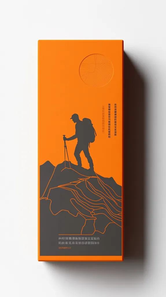 An orange box features a minimalist design.  A silhouetted hiker with trekking poles stands atop a stylized mountain range, rendered in gray and orange lines. The design evokes a sense of adventure and exploration.  Small text in a foreign language is present at the bottom. The overall aesthetic is clean and modern.