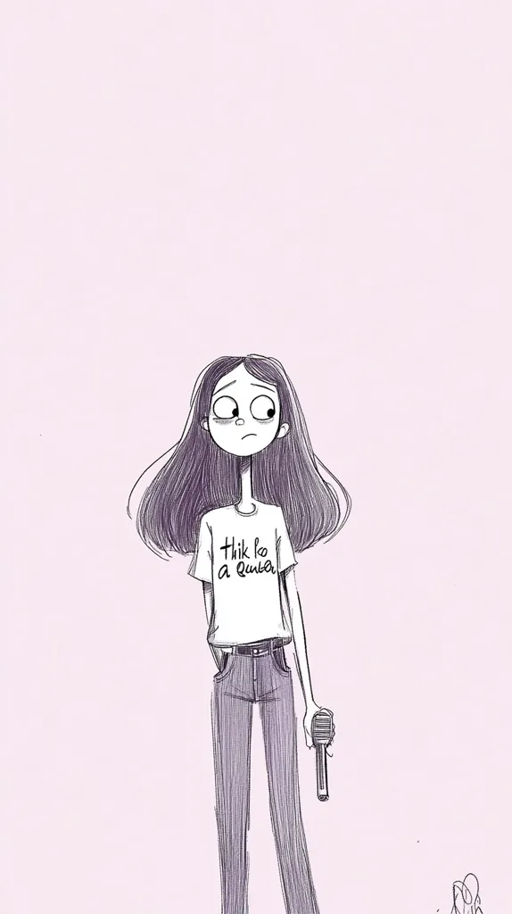 A sketched illustration depicts a girl with long hair, wearing a white t-shirt that says "thik ka a guitar" and jeans. She holds a microphone, her expression melancholic. The style is simplistic, with soft shading, set against a pale pink background.  The overall mood is pensive and slightly introspective.