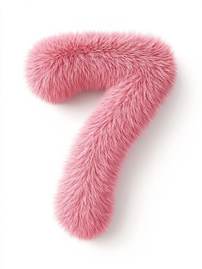 A fluffy, pink number seven is depicted against a stark white background.  The number is rendered in a soft, plush texture that resembles fur or a similar material.  The pink hue is light and even, giving the image a delicate and playful feel. The number's form is clearly defined despite the softness of the material.