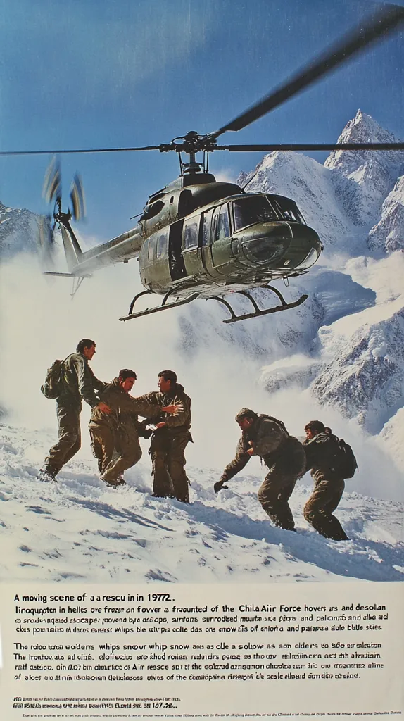 A rescue scene from 1972 depicts a Chilean Air Force helicopter hovering over a desolate, snow-covered mountain landscape.  Soldiers rescue injured climbers amidst swirling snow. The dramatic image captures the perilous conditions and the heroic efforts of the rescue team. The helicopter provides vital assistance in the challenging terrain.