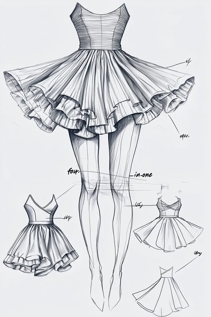 A detailed pencil sketch showcases a four-in-one design concept for a pleated skater dress.  The main drawing depicts a model wearing the dress, while three additional sketches illustrate variations in the dress's neckline and skirt detailing.  The linework is precise, emphasizing the fabric's texture and the model's form.  The overall style is fashion illustration, demonstrating a design process.