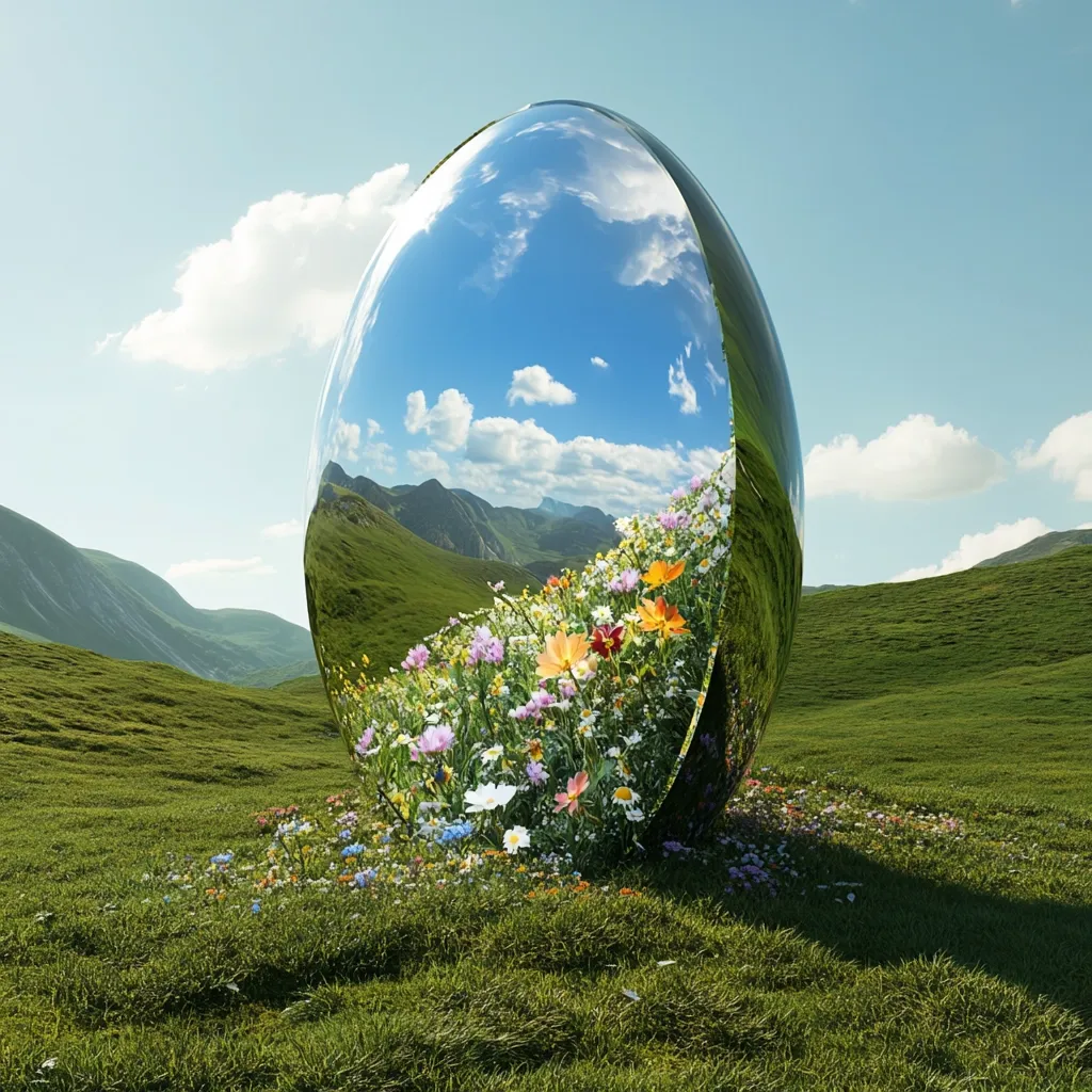 A large, silver, egg-shaped sculpture rests in a vibrant green field.  Its reflective surface mirrors a stunning mountainous landscape and clear blue sky.  Wildflowers burst forth from the bottom of the sculpture, blending seamlessly with the surrounding meadow. The scene evokes a sense of tranquility and the beauty of nature.