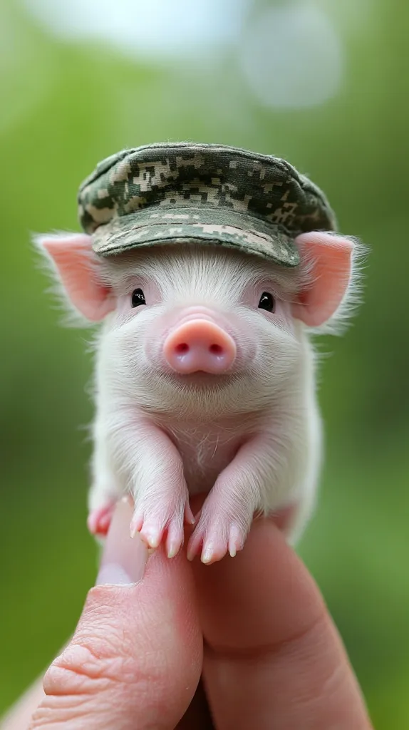 An adorable tiny piglet, almost miniature, sits perched on a person's fingers.  Its delicate pink skin and small hooves are clearly visible.  The piglet wears a miniature camouflage army hat, adding to its endearing charm. The background is a soft, blurred green, emphasizing the piglet's cuteness.