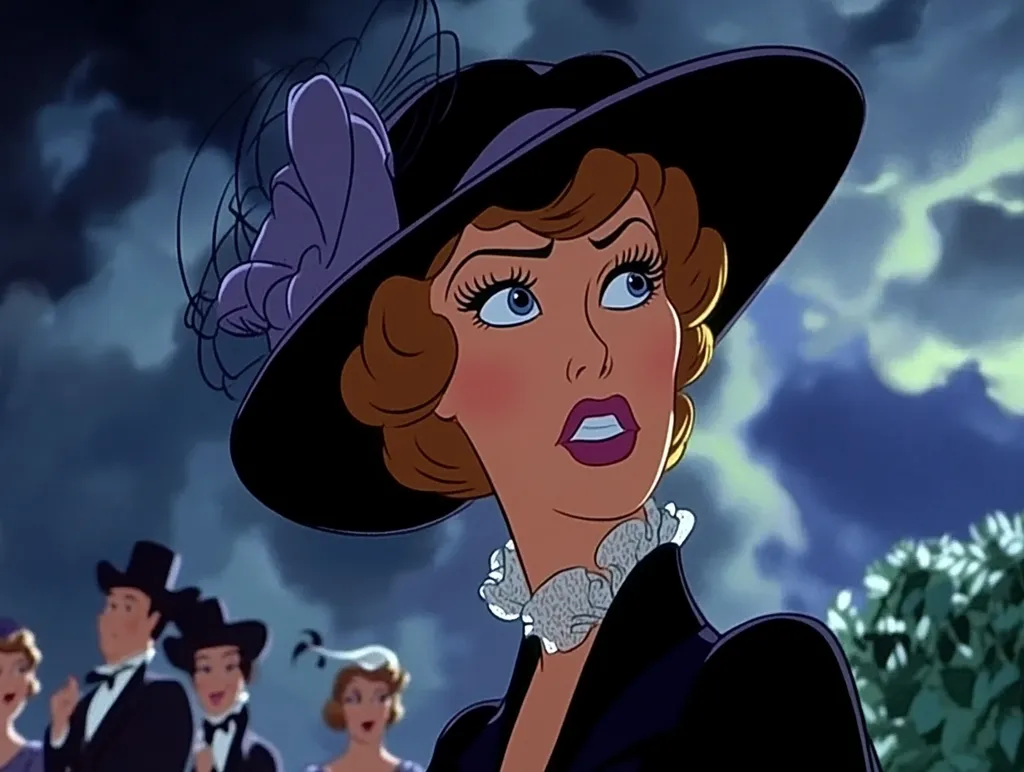A stylized animated woman, with auburn hair and wearing a large black hat adorned with purple accents, is the focal point.  She has a concerned expression, her mouth slightly open.  Blurred figures of other people in formal attire are visible in the background, suggesting a social gathering or event. The sky is dark and cloudy, enhancing the dramatic mood of the scene.  The animation style is reminiscent of classic cartoons.