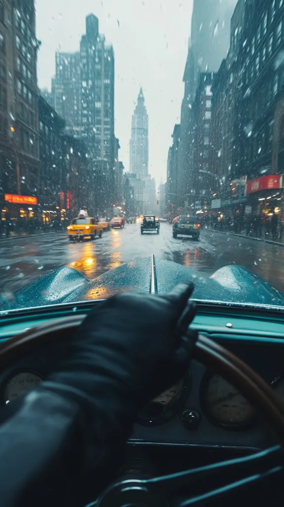 A driver's perspective of a vintage car navigating a snow-dusted New York City street.  Tall buildings line the avenue, their facades blurred by the falling snow.  Other vehicles, including yellow cabs, are visible in the distance. The rain-slicked road reflects the city lights, creating a moody, atmospheric scene. The driver's gloved hands grip the steering wheel.