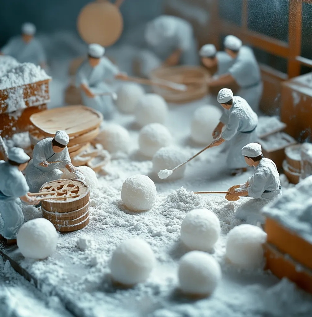 A miniature scene depicts numerous figures in white clothing meticulously crafting small, snow-like spheres amidst a generous dusting of white flour.  They use small wooden tools and appear to be working in a bustling, traditional setting, possibly a confectionery or food preparation workshop. The scene is detailed and evokes a sense of meticulous craftsmanship.