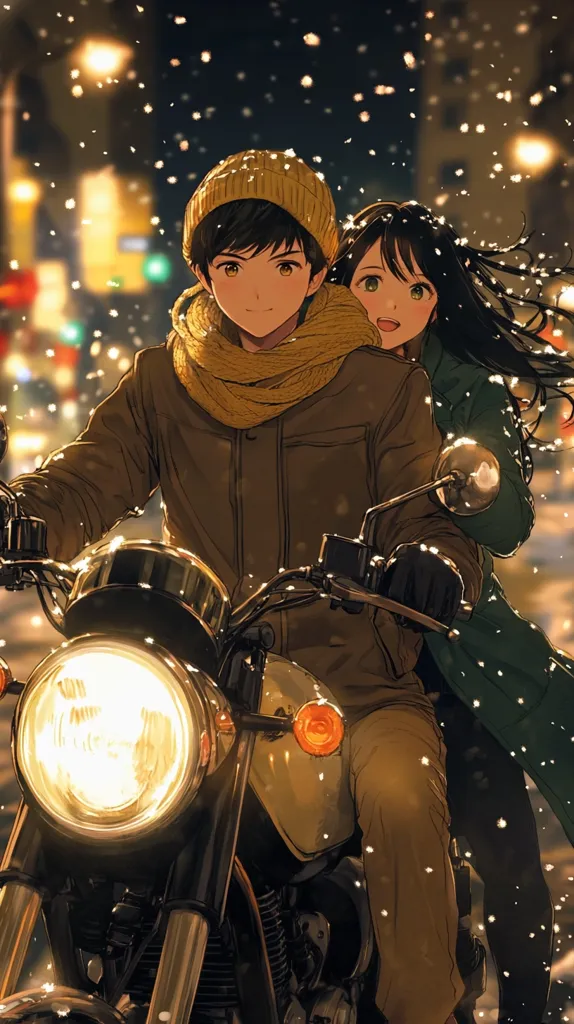 A romantic anime illustration depicts a young couple on a motorcycle ride through a snowy night.  The boy, wearing a yellow knit cap and scarf, drives the motorbike while the girl, with long dark hair, snuggles close.  City lights twinkle in the background, adding to the cozy, wintery ambiance.  Snow gently falls around them, creating a magical atmosphere.